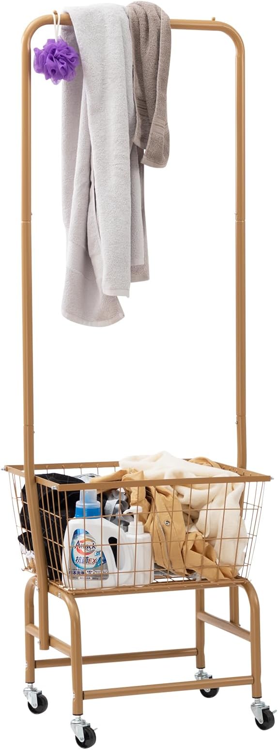 ALIMORDEN Laundry Cart with Clothes Rack, Rolling Laundry Butler with Wire Storage Rack，Gold