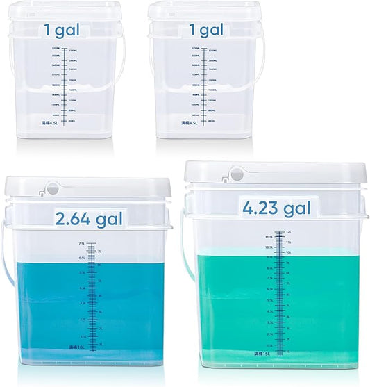ASEVAT 4Pack Clear Bucket Graduated Pail Container with Lid, Square Food Grade Buckets, Cleaning Containers Plastic Pails Extra Durable Handles with Grip for Easy Carrying