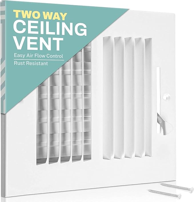 Ceiling Register - Air Vent Covers for Home Ceiling or Wall - 8X4 Inch (Duct Opening) 2-Way White Grille Register Cover with Adjustable Damper for HVAC Heat and Cold Air Conditioner