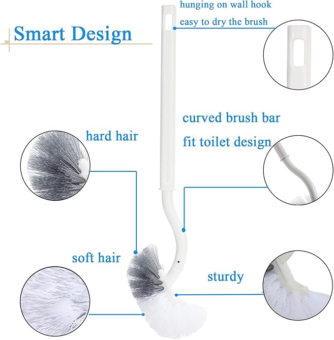 Ryhiac 2 Pack Curved Toilet Bowl Brush Without Holder for Bathroom, Compact Toilet Brush Durable Under The Rim Household Deep Cleaning Brushes (White Toilet Brush Without Holder)