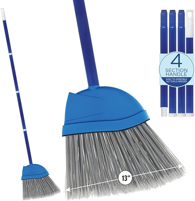 Angle Broom, Indoor, 13" W, Large Style - Made w/Recycled Soda Bottle Bristles & High Gloss Resin Coated Steel 4-Piece Handle, by LOLA, 1 Pack