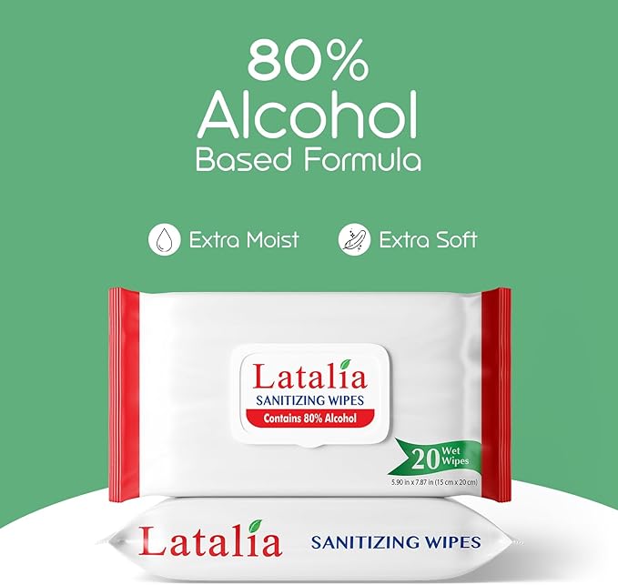 Latalia Hand Wipes Pack of 4 | 80% Alcohol Hand Sanitizer Wipes for Hands & Face Moisturizing, Gentle, Convenient and Fragrance Free (20 Counts)