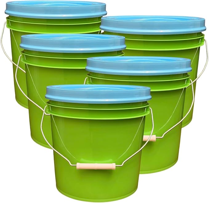 House Naturals 2 Gallon Food Grade - BPA Free Made in USA Buckets Lime Color pails with Screw On Gasket Lids (5, Lime - Aqua lids)
