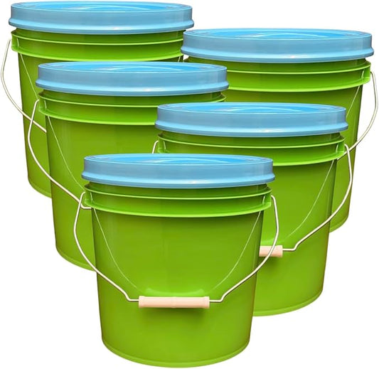 House Naturals 2 Gallon Food Grade - BPA Free Made in USA Buckets Lime Color pails with Screw On Gasket Lids (5, Lime - Aqua lids)