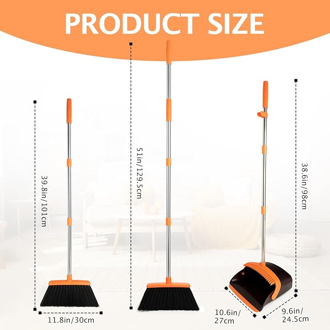 XXFLOWER 2-Pack Broom and Dustpan Set with Long Handle, Heavy Dust Broom and Dustpan Combo for Home，Kitchen, Office, Pet Hair (Brown Orange)