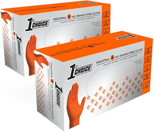 1st Choice 6 mil Orange and Green Nitrile Gloves, Disposable, Latex Free Raised Diamond Grip Mechanic Glove for Men and Women