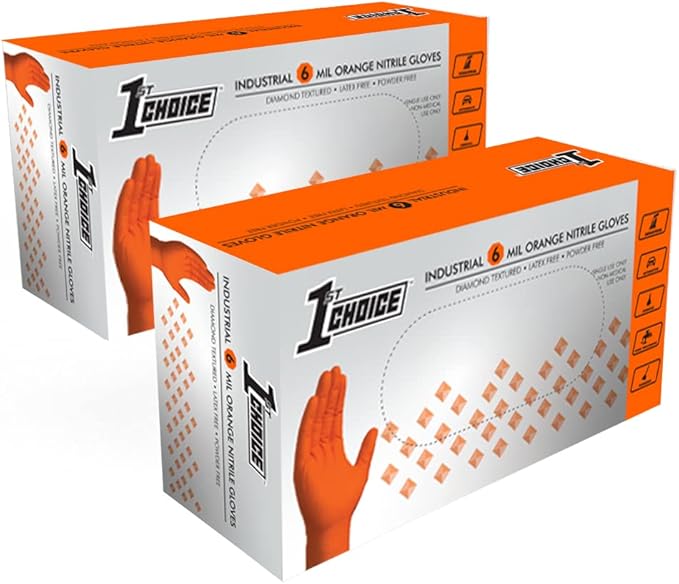 1st Choice 6 mil Orange and Green Nitrile Gloves, Disposable, Latex Free Raised Diamond Grip Mechanic Glove for Men and Women