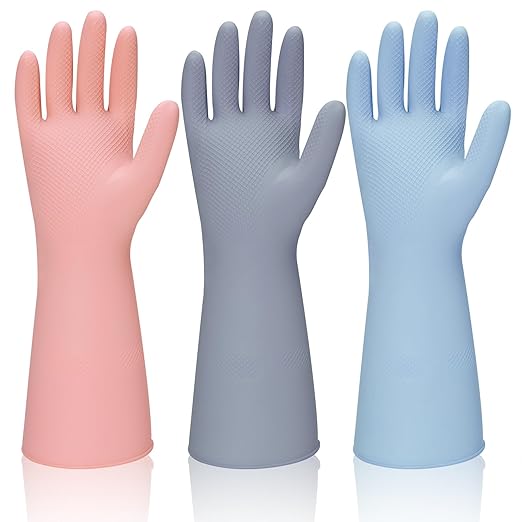 Rubber Kitchen Dishwashing Gloves - 3 Pairs Reusable Household Cleaning Gloves, Flexible and Durable & Non-slip Cleaning Gloves, Great for Kitchen, Bathroom, Laundry (Medium, Pink+Blue+Grey)