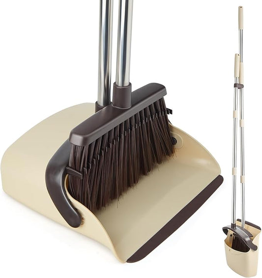 OOOFLOWER Broom and Dustpan Set, Dustpan Combo with 51" Stainless Steel Long Handle Brooms with 5-Layer Soft Bristles for Home Office Kitchen Bathroom(Beige)