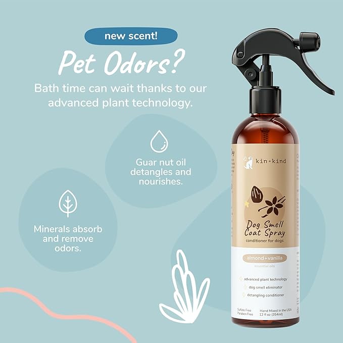 kin+Kind Dry Shampoo and Deodorizing Spray Bundle- Waterless Dog Shampoo & Pet Odor Eliminator Deodorizing Spray - Almond+Vanilla