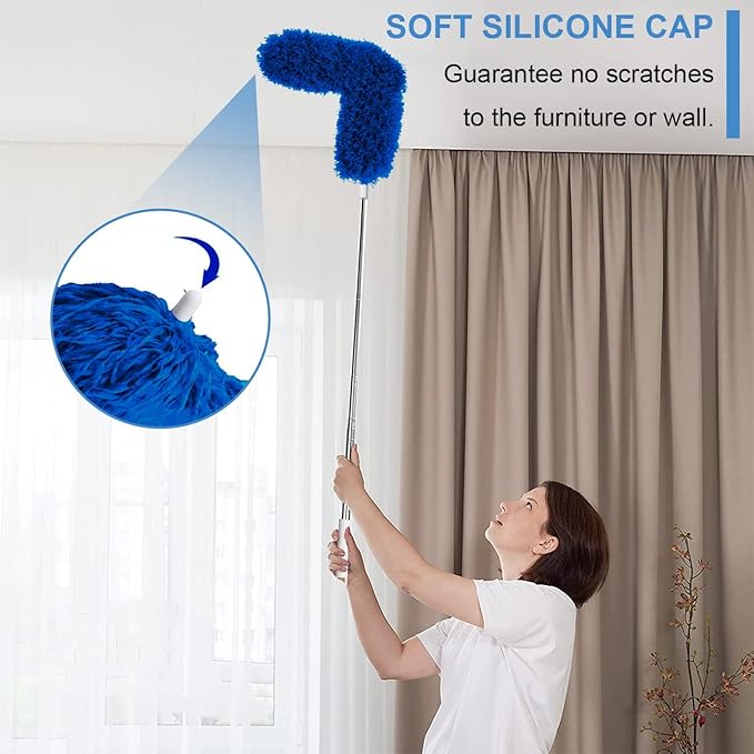 Upgraded Dusters for Cleaning (6pcs), Ceiling Fan Duster with 100" Thickened Extension Pole, Extendable Long Microfiber Duster for High Ceilings, Reusable & Washable Dusting Wand by OOSOFITT Blue