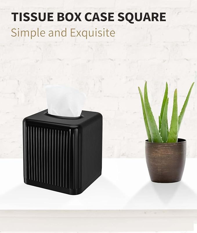 Livelab Square Plastic Tissue Box Holder with Base - Modern Cube Decorative Tissue Cover for Bathroom, Countertop, Living Room, Bedroom, Office - Black