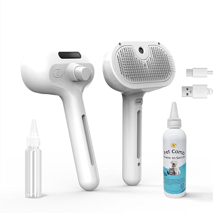 3 In 1 Steam Grooming Brush for Cats & Dogs, USB Rechargeable Hair Removal Comb with Spray Mist, Includes 200 ml Shampoo for Indoor Pet Shedding & Detangling (White)