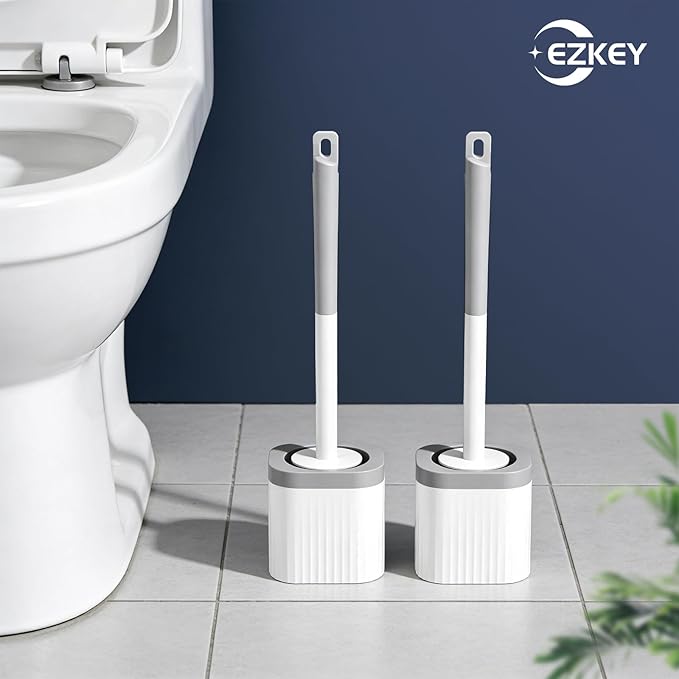 EZKEY Toilet Brushes, 2 Pack Toilet Brush and Holder Set with Nylon Bristles Toilet Bowl Brush Compact Hidden Scrubber Brushes for Bathroom Deep Cleaning, Grey & White