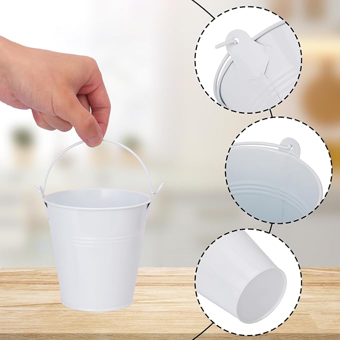18 Pack 4" White Mini Metal Bucket, Elegant Galvanized Buckets with Handles, Tin Buckets, Small Iron Bucket, Mini Metal Pail for Party Favors, Crafts, Garden & Beach