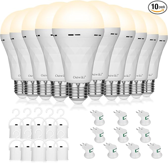 10 Pack Rechargeable Light Bulbs, Emergency Light Bulbs for Power Outage Hurricane Camping 3000K Warm Light Battery Operated Light Bulb 9W E26 1200mAh Battery Backup Soft Light Bulb for Lamps