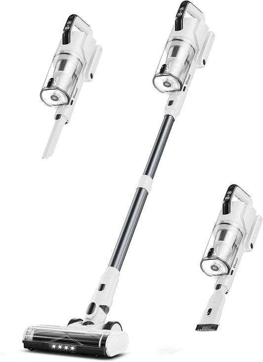 Cordless Vacuum Cleaner, 600W 50KPA 70Mins Runtime Fast Charging Vacuum Cleaner, Self-Standing LED Light Touch Screen Stick Vacuum for Home Light Weight,for Pet Hair/Carpet/Floor, White