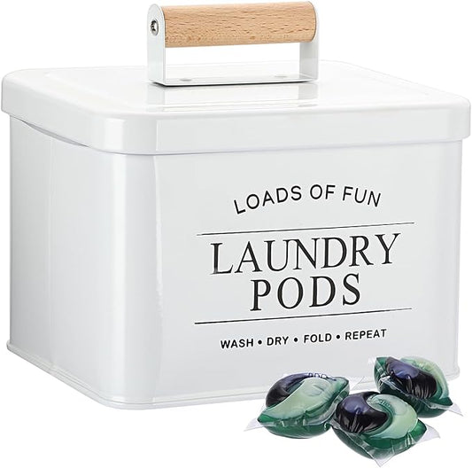 Metal Laundry Pod Holder Powder Holder Farmhouse Laundry Pods Container with Handle Lid, Powder Dispenser Dryer Sheet Dispenser for Laundry Room Organization Decor - 7.2" x 6.2" x 5.1", White