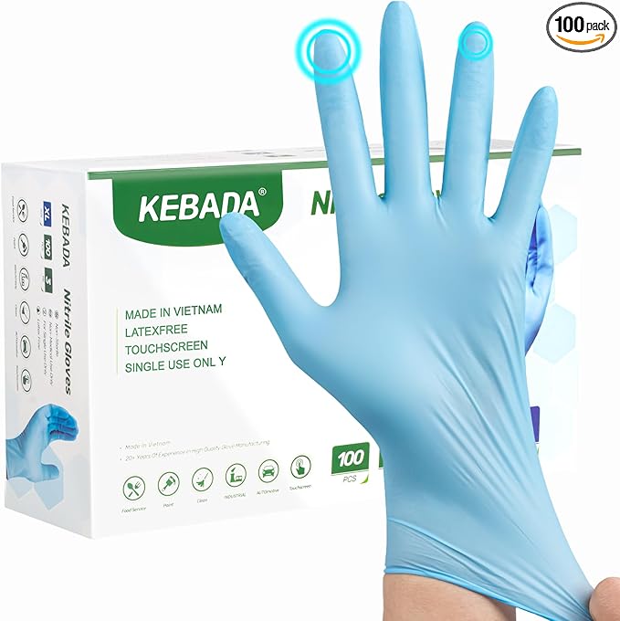 Kebada Nitrile Gloves D1, Nitrile Disposable Gloves for Cleaning, Food Prep, Industrial Grade, Non-Sterile, Food Safe, Powder, Latex Free, Touchscreen, Blue, 100 Count, X-Large (Made in Vietnam)