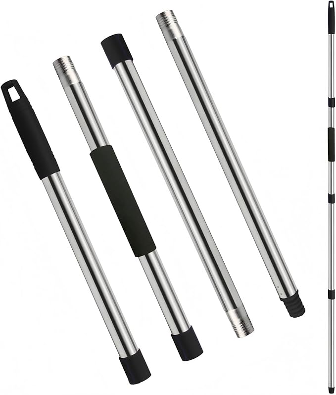 Xifando Mop Handle Replacement - 4-Section Adjustable from 30" to 58" - Durable Stainless Steel Mop Pole with American Thread Joint for Spin Mops & Brooms (Black)