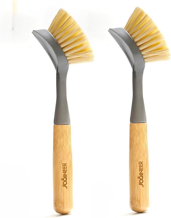 JOQINEER 2 Pack Kitchen Dish Brushes with Bamboo Handle, Dish Scrubber Built-in Scraper, Scrub Brush for Pans, Pots, Counter & Kitchen Sink Cleaning, Dishwashing and Cleaning Brush Tools