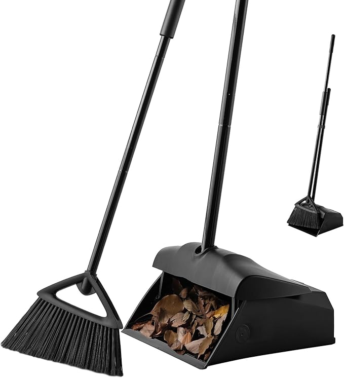 Eyliden Commercial Angle Broom and Dustpan Combo, with Long Handle, Lobby Dust Pan Sweep Set for Outdoor Garages Courtyard Sidewalks Decks Indoor Home Kitchen Room Office (Black Broom+Dustpan)