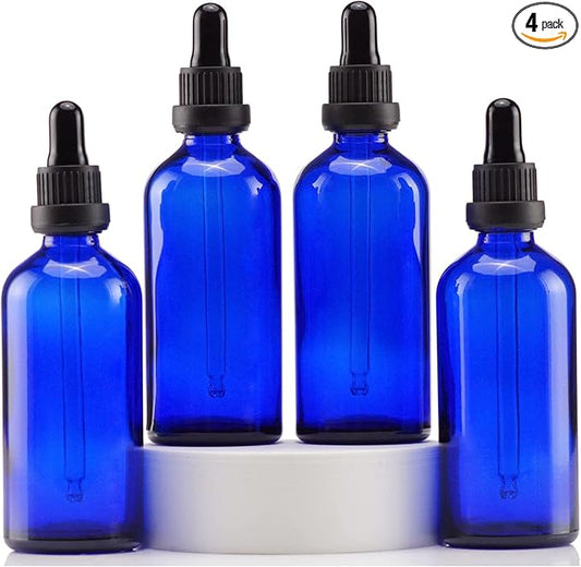 YIZHAO Blue Glass Dropper Bottle 4oz, Tincture Bottles with Glass Dropper, for Essential Oils, Aromatherapy, Cosmetic, Laboratory, Pharmacy, Liquids, Travel –4 Pcs