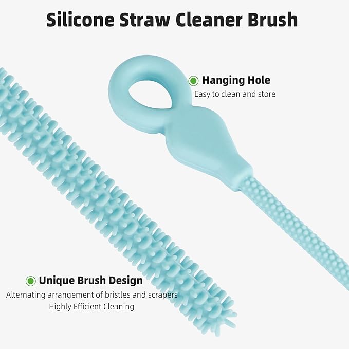 TenderBloom Silicone Straw Cleaner Brush, 4-Piece Reusable Straw Brush Set with Extra-Long Design for Cleaning Thin Metal Straws and Wider Milkshake Straws （6mm+9mm Blue)