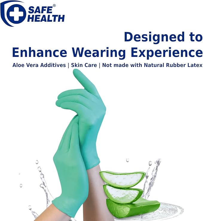 Safe Health Aloegenii HD Green Vinyl Disposable Gloves, Aloe Vera Coated, 5.5 mil, Box of 100, Medium, Latex Free, Powder Free, Cleaning, Food Service, Office, Janitorial