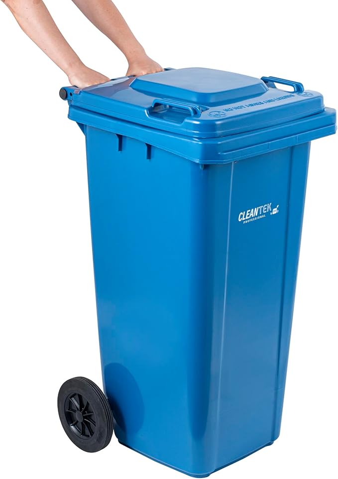 Restaurantware-Clean Tek Professional 32 Gallon Trash Can With Wheels, 1 Garbage Can With Lid - Step-On Attachment Sold Separately, Rectangle, Blue Plastic Dustbin, Long-Lasting, For Outdoor