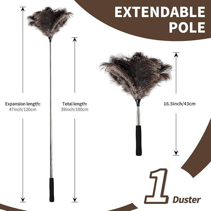 MehelloFeather Ostrich Feather Duster 16.5-47Inch Reusable Fluffy Natural Detachable Ostrich Feather Duster Used for Household Cleaning and High-Altitude Cleaning (1PCS)