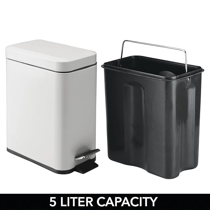 mDesign Pedal Bin — Waste Bin with Pedal, Lid and Plastic Bucket Insert Perfect for Bathroom, Kitchen, and Office — Metal Household Rubbish Bin with Ergonomic Design — Light Grey