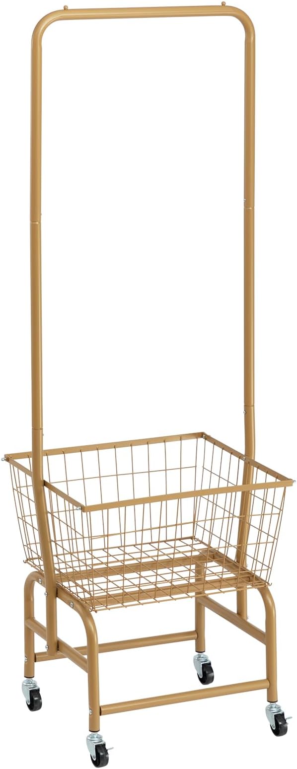 ALIMORDEN Laundry Cart with Clothes Rack, Rolling Laundry Butler with Wire Storage Rack，Gold