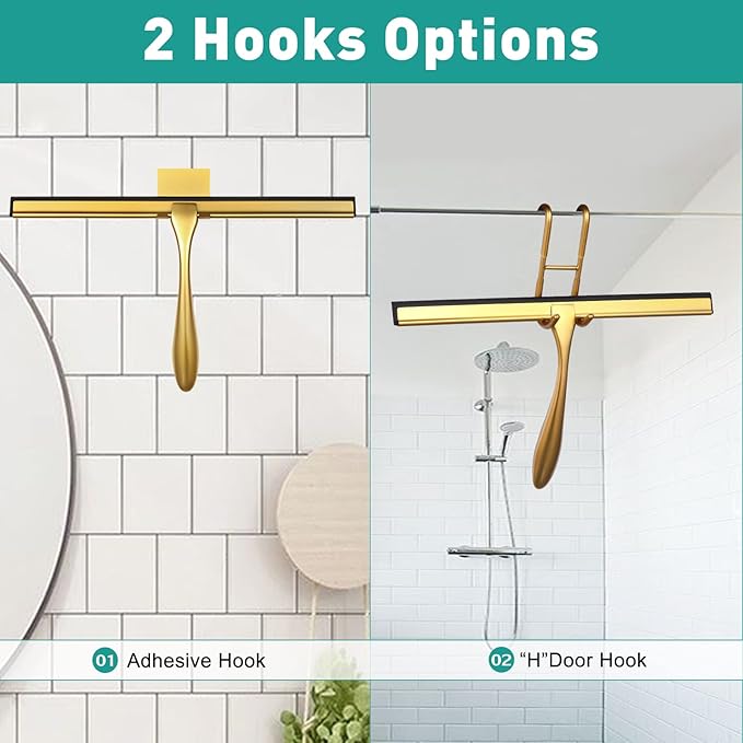 steauty Shower Squeegee for Glass Doors,10-Inch Shower Glass Squeegee, Gold Shower Squeegee for Shower Doors,Mirror,Windows, with Shower Door Hook and Adhesive Hook