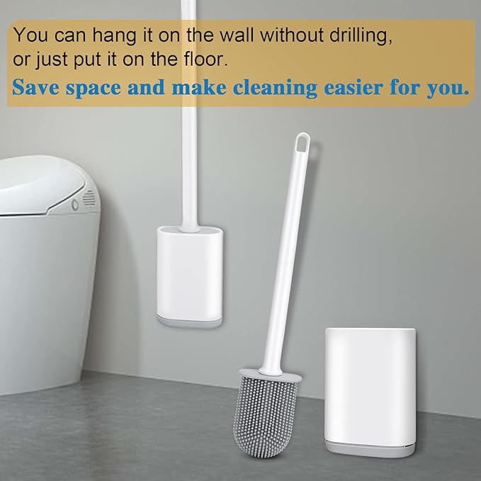 Silicone Toilet Brush and Holder Bendable Efficient Cleaning Wall Mounted Toilet Bowl Brush with Long Handle Brush Head and Silicone Bristles No Rusty Handles Problem (White)
