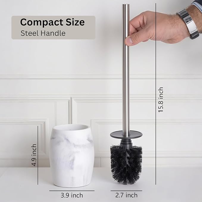 Toilet Bowl Brush and Holder with Stainless Steel Long Handle, Toilet Scrubber Brush with Durable Base, 360° Deep Cleaning Bristles for Bathroom, Compact Set for Small Space (White)