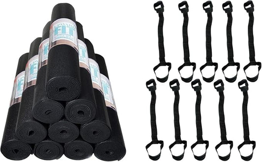 10-Pack Classic Yoga Mat With Carrying Strap, 68" x 24" Non Slip Exercise Mat, 4mm Thick Fitness Mat, Anti-Tear, Bulk Yoga Mats for Home Workout, Gym, School, or Studio
