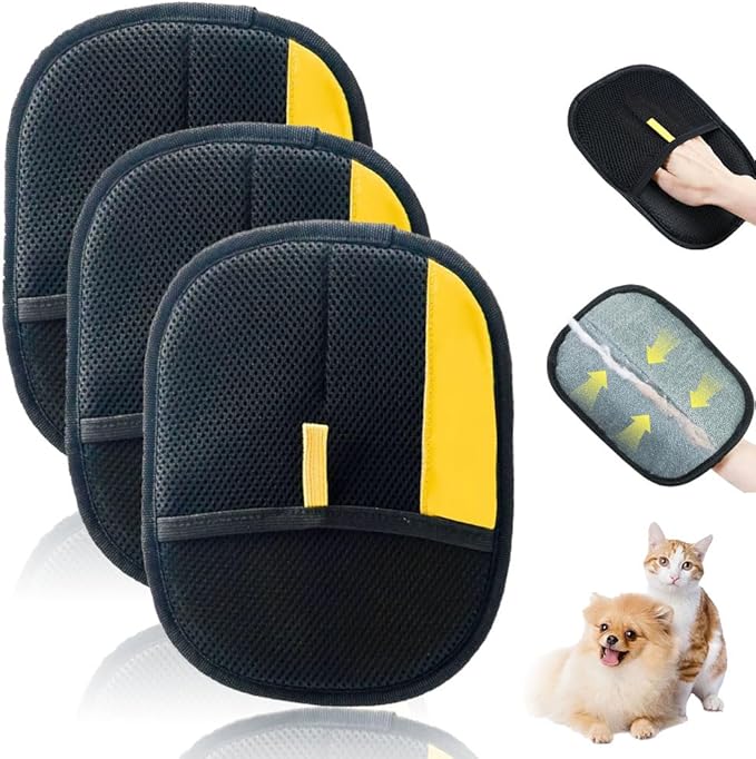 Electrostatic Gloves for Pet Hair Removal, Electrostatic Pet Hair Removal Gloves Brush for Pets Hair, Reusable Cats & Dogs Grooming Gloves for Hair Removal (Yellow*B, 3)