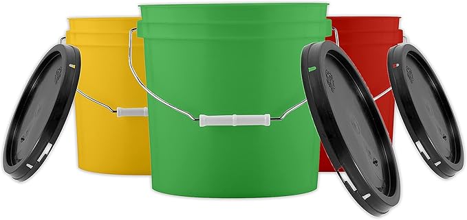 House Naturals 2 Gallon Buckets pails with Black Lids(Pack of 3) 3 Colors- Food Grade - BPA Free Made in USA
