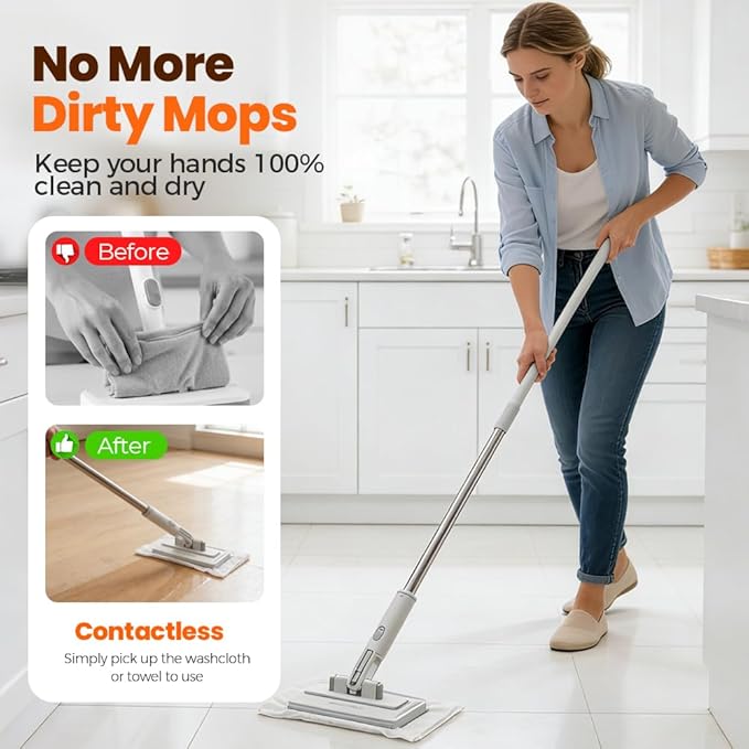 Snap Grip Mini Mop,Mini Sweeper Mop No-Touch Dirty Cleaning Flat Dust Mop for Dry Wet Disposable Pads,Corners Wall Multi Surface Cleaning (White 6.3x40 inch)