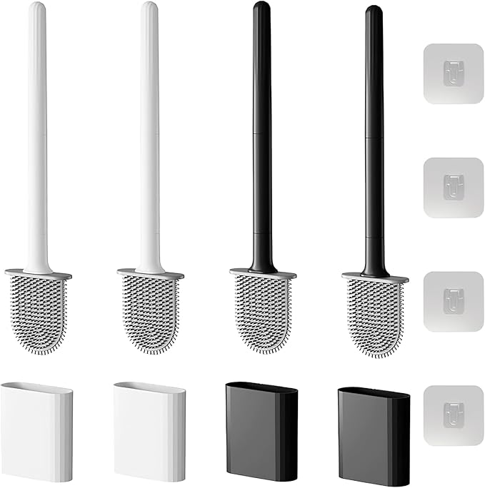 Toilet Bowl Brush and Holder Set, Flexible Silicone Bristles with Detachable Handle, Compact RV and Bathroom Toilet Brush (2 Black 2 White)