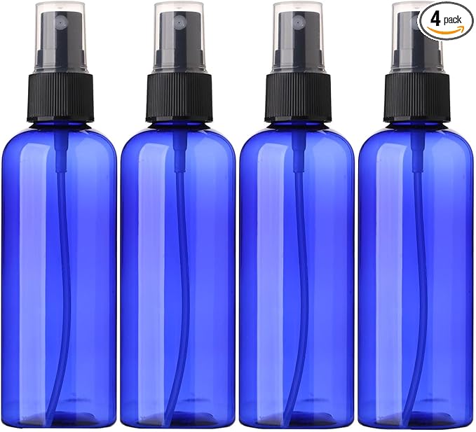 SINIDE Empty Spray Bottles 100 ml/3.4 oz, Blue Plastic Fine Mist Mini Travel Bottle Set, Portable Refillable Makeup Sprayer Containers for Perfume, Liquids, Aromatherapy, Cleaning Solution (4 Pack)