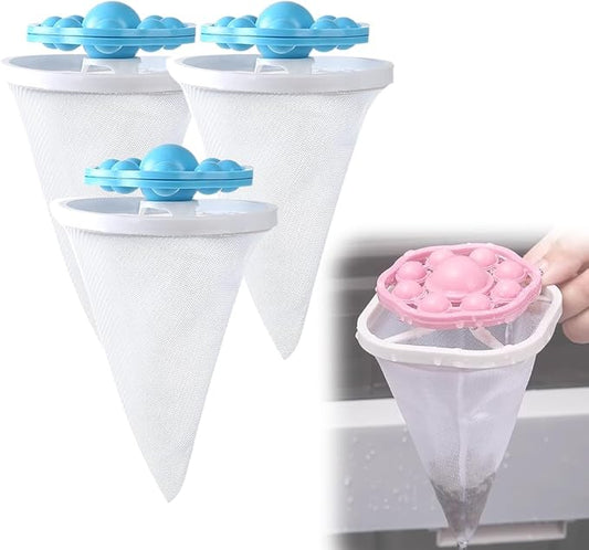 3PCS Floating Hair Filtering Mesh Removal, Reusable Lint Catcher for Washing Machine Wool Device, Pet Hair Remover Hair Filter Cleaning Mesh Bag (Blue)