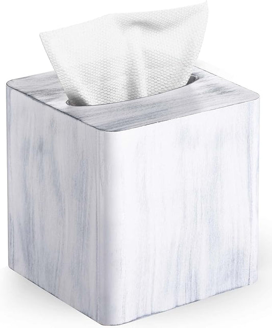 Livelab Tissue Box Cover Square - Oak Wood Tissue Box Holder for Living Room, Dinner Table, Bathroom, Office - Decorative Wooden Cube Facial Tissue Cover for Modern Farmhouse Home Decor | Whitewash