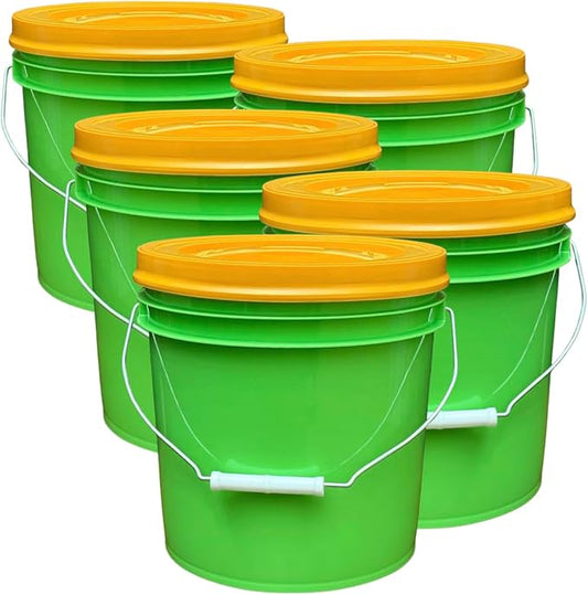 House Naturals 2 Gallon Food Grade - BPA Free Made in USA Buckets Lime Color pails with Screw On Gasket Lids (5, Lime - Orange lids)