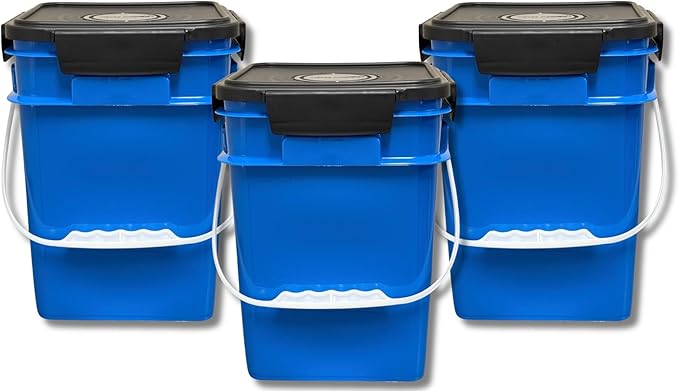 House Naturals 4 Gallon Square Buckets with lids- Made in USA Container- Pack of 10 (Blue - Black lids)