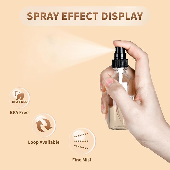 BILLIONSTARS 48 Pack 2oz Glass Boston Round Bottle with Fine Mist Sprayer - Clear - Essential Oils, Bath, Beauty, Hair & Cleaning - Leakproof Travel Bottles