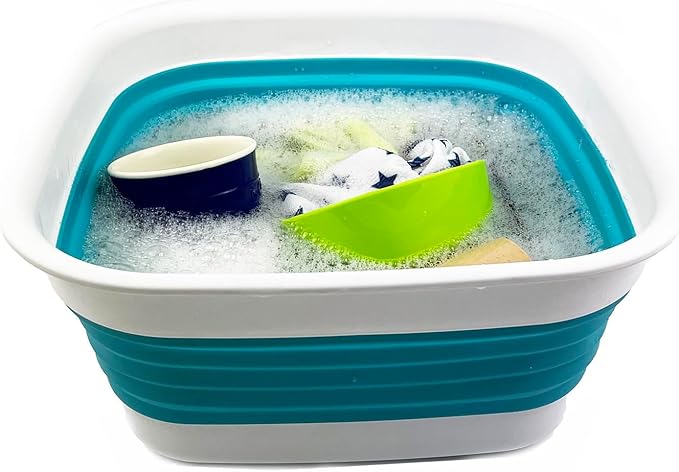 SAMMART 8L (2.1 Gallon) Collapsible Tub - Foldable Dish Tub - Portable Washing Basin - Space Saving Plastic Washtub (White/Ceramic Blue)