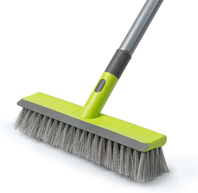 Floor Scrub Brush 2 in 1 Scrubber and Squeegee, Stiff Bristle Deck Brush for Cleaning Concrete, Patio, Garage, Kitchen, Carpet and Bathroom 57" Long Handle