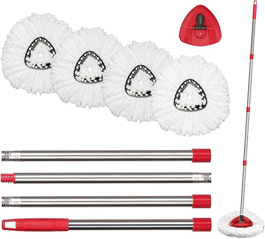 O-Cedar Spin Mop Replacement Head Set with Base and 30" to 58" Handle, Combo Set Includes 4 Pack Mop Refills